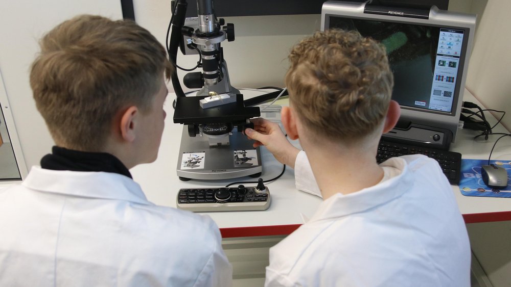 Zwei Jungen schauen durchs Mikroskop